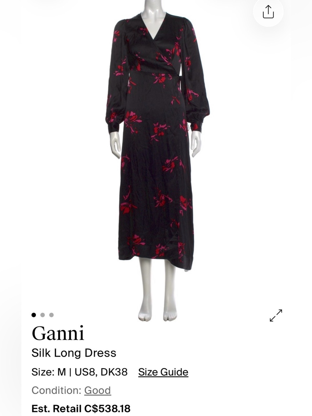 Ganni Black Silk Long Sleeve Dress with Red-Pink Floral Print